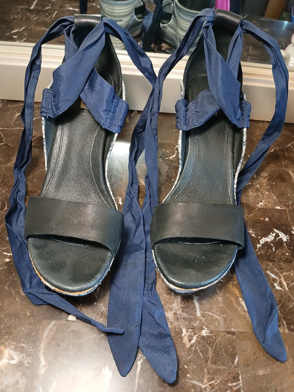 UGG Blue and White Striped Wedge Sandals with Navy Ankle Tie